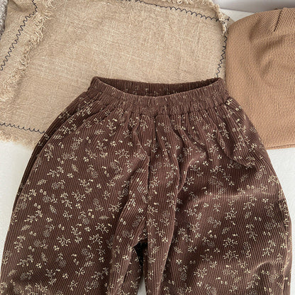 MyKids-USA® Baby Girl Ditsy Flower Pattern Corduroy Fabric Loose Thickened Pants In