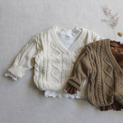 MyKids-USA® Baby Crochet Kint Pattern Solid Color V-Neck Single Breasted Cardigan