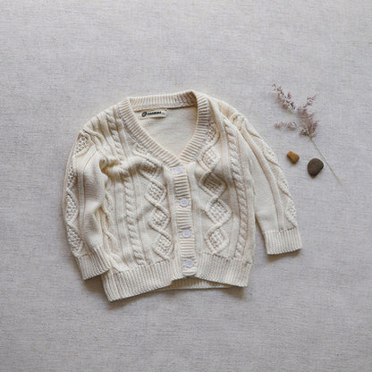 MyKids-USA® Baby Crochet Kint Pattern Solid Color V-Neck Single Breasted Cardigan