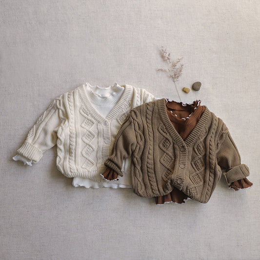MyKids-USA® Baby Crochet Kint Pattern Solid Color V-Neck Single Breasted Cardigan