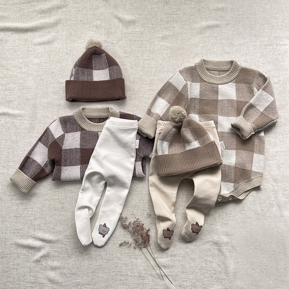 MyKids-USA® Baby Plaid Graphic Long Sleeve Crewneck Knit Thickened bodysuit