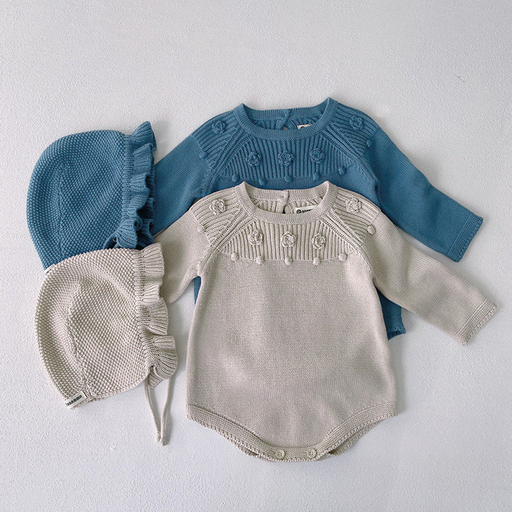 MyKids-USA® Baby Solid Color Flower Patched Design Knit Long Sleeve bodysuit