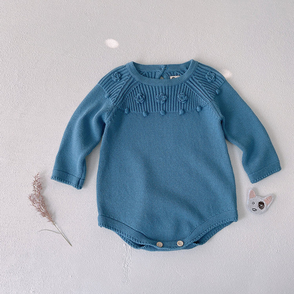 MyKids-USA® Baby Solid Color Flower Patched Design Knit Long Sleeve bodysuit