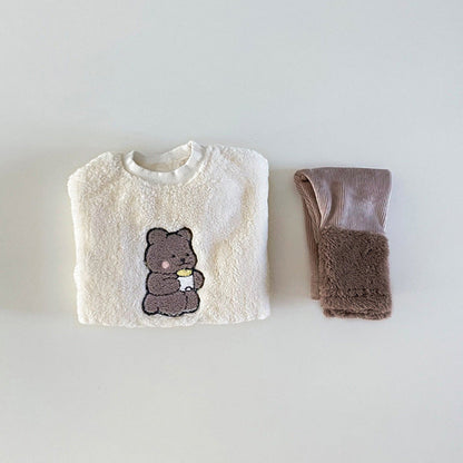 MyKids-USA® Baby Bear Embroidered Pattern Plush Hoodies Combo Pants  Pieces Sets
