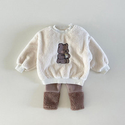 MyKids-USA® Baby Bear Embroidered Pattern Plush Hoodies Combo Pants  Pieces Sets