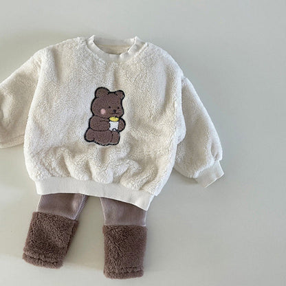 MyKids-USA® Baby Bear Embroidered Pattern Plush Hoodies Combo Pants  Pieces Sets