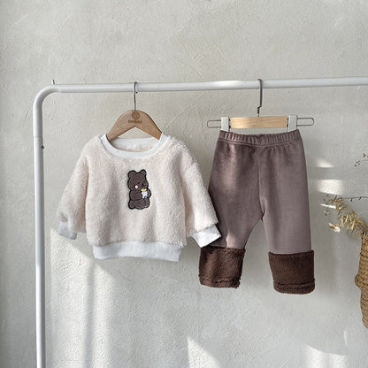 MyKids-USA® Baby Bear Embroidered Pattern Plush Hoodies Combo Pants  Pieces Sets