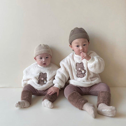 MyKids-USA® Baby Bear Embroidered Pattern Plush Hoodies Combo Pants  Pieces Sets