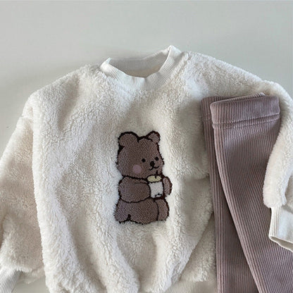 MyKids-USA® Baby Bear Embroidered Pattern Plush Hoodies Combo Pants  Pieces Sets