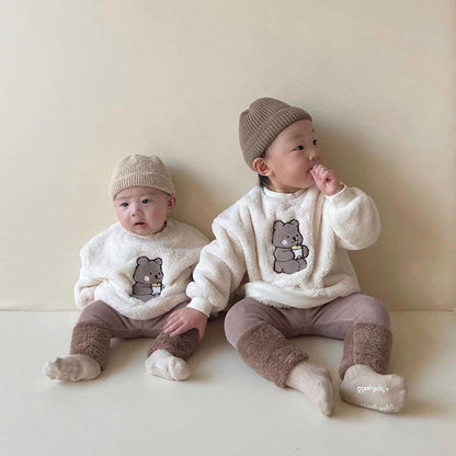 MyKids-USA® Baby Bear Embroidered Pattern Plush Hoodies Combo Pants  Pieces Sets