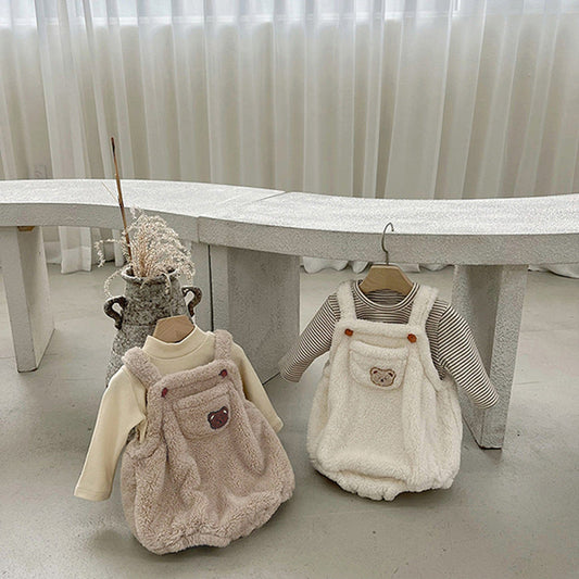 Baby Solid Color Bear Patched Design Plush Strap Sleeveless bodysuit