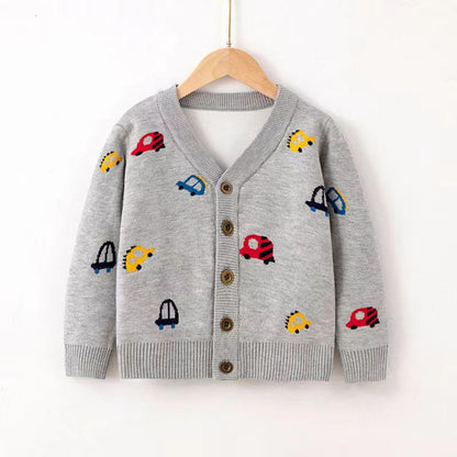 MyKids-USA® Kid Boys Car Pattern V-Collar Cardigan
