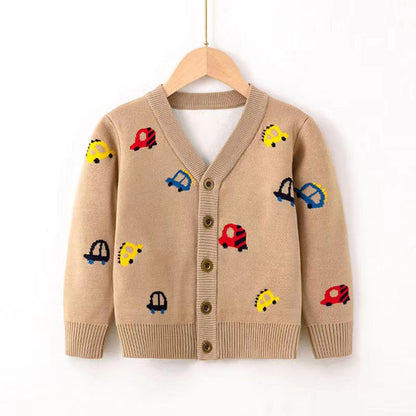 MyKids-USA® Kid Boys Car Pattern V-Collar Cardigan