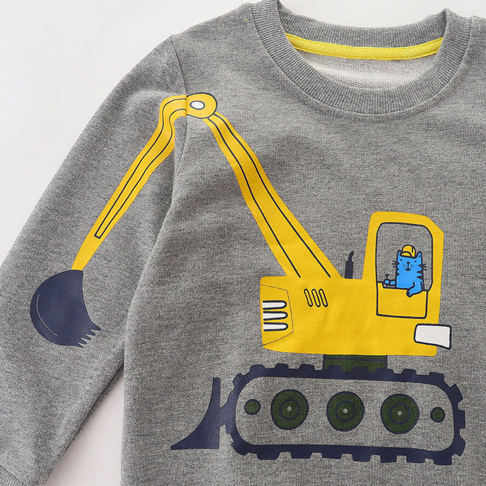 MyKids-USA® Baby Boy Cat Excavator Print Pattern Grey Hoodie