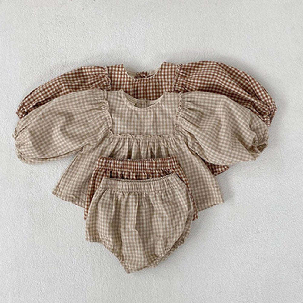 MyKids-USA Baby Girl Plaid Pattern Loose Blouses With Shorts Sets