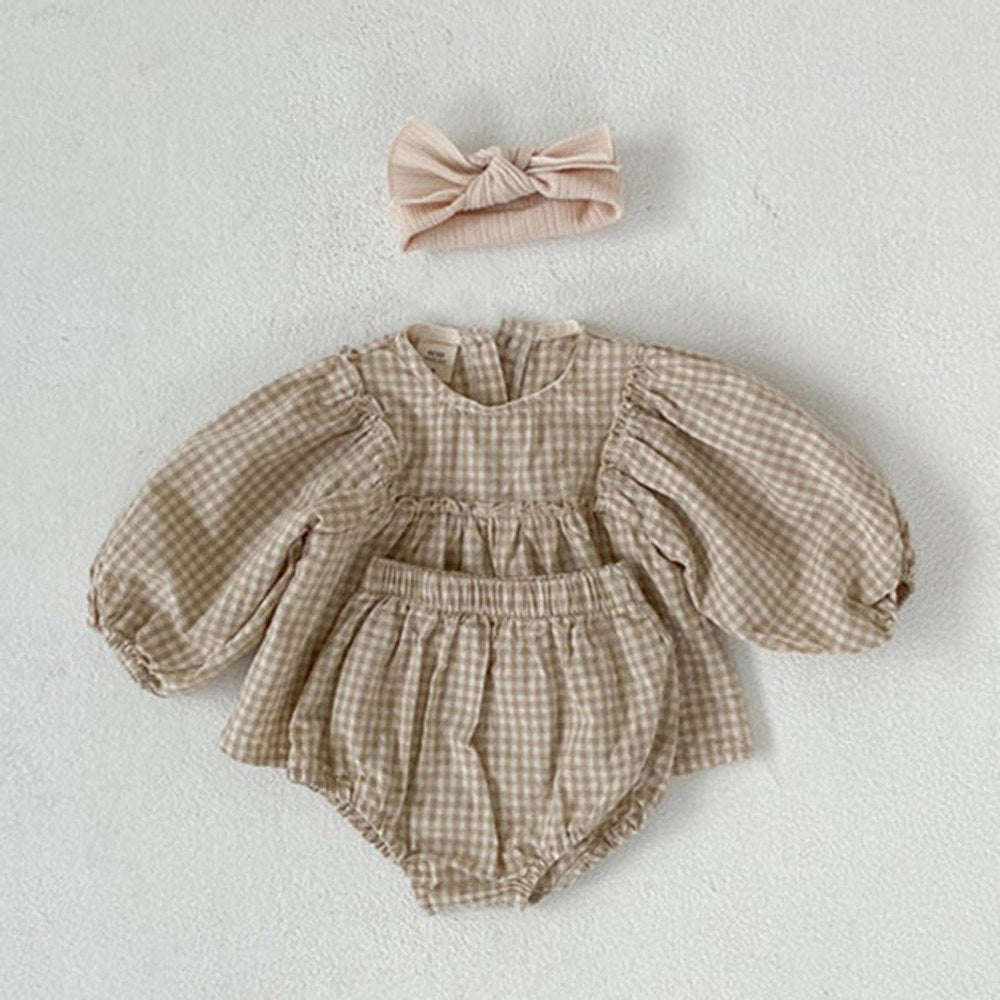 MyKids-USA Baby Girl Plaid Pattern Loose Blouses With Shorts Sets