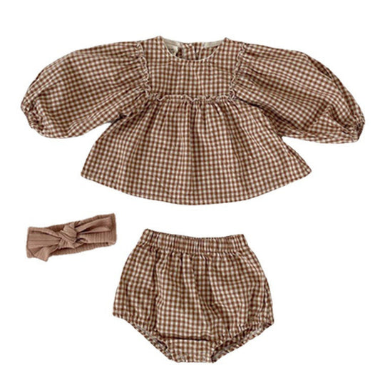 MyKids-USA® Baby Girl Plaid Pattern Loose Blouses With Shorts Sets