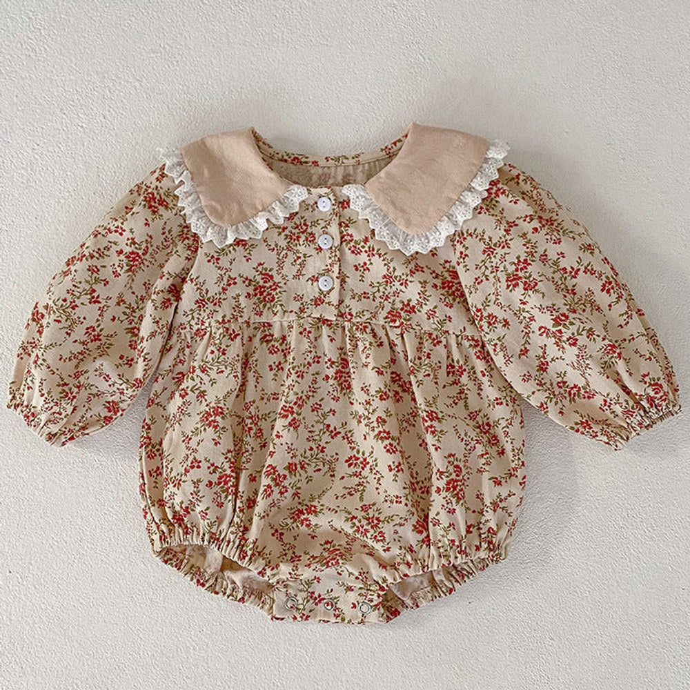 MyKids-USA® Baby Girl Ditsy Flower Graphic Mesh Patched Design Long Sleeve Sweet bodysuit Dress