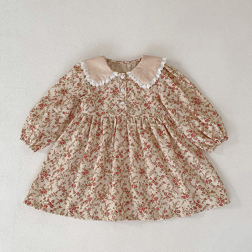 MyKids-USA® Baby Girl Ditsy Flower Graphic Mesh Patched Design Long Sleeve Sweet bodysuit Dress