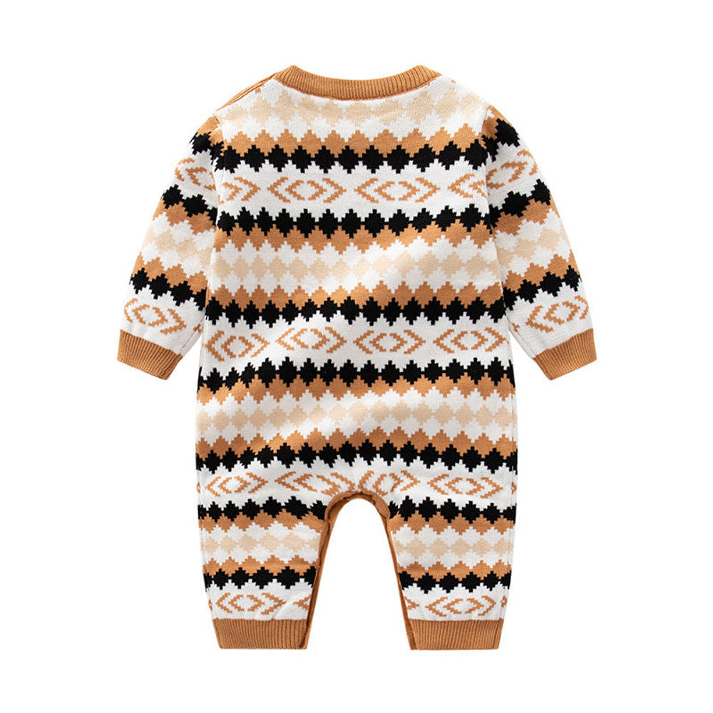 MyKids-USA® Baby Geometric Embroidered Pattern Long Sleeve Knitted Romper Jumpsuit