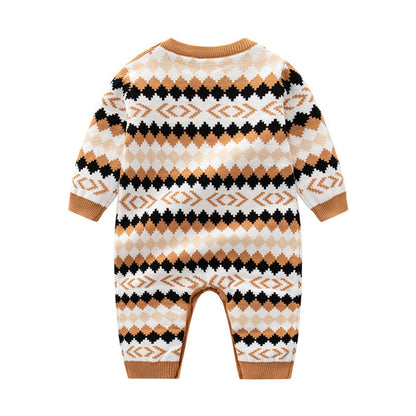 MyKids-USA® Baby Geometric Embroidered Pattern Long Sleeve Knitted Romper Jumpsuit