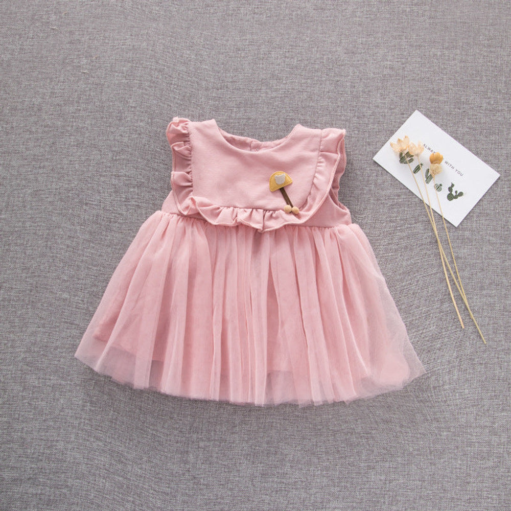 MyKids-USA® Baby Girl Solid Color Mesh Patchwork Design Sleeveless Patched Mesh Dress