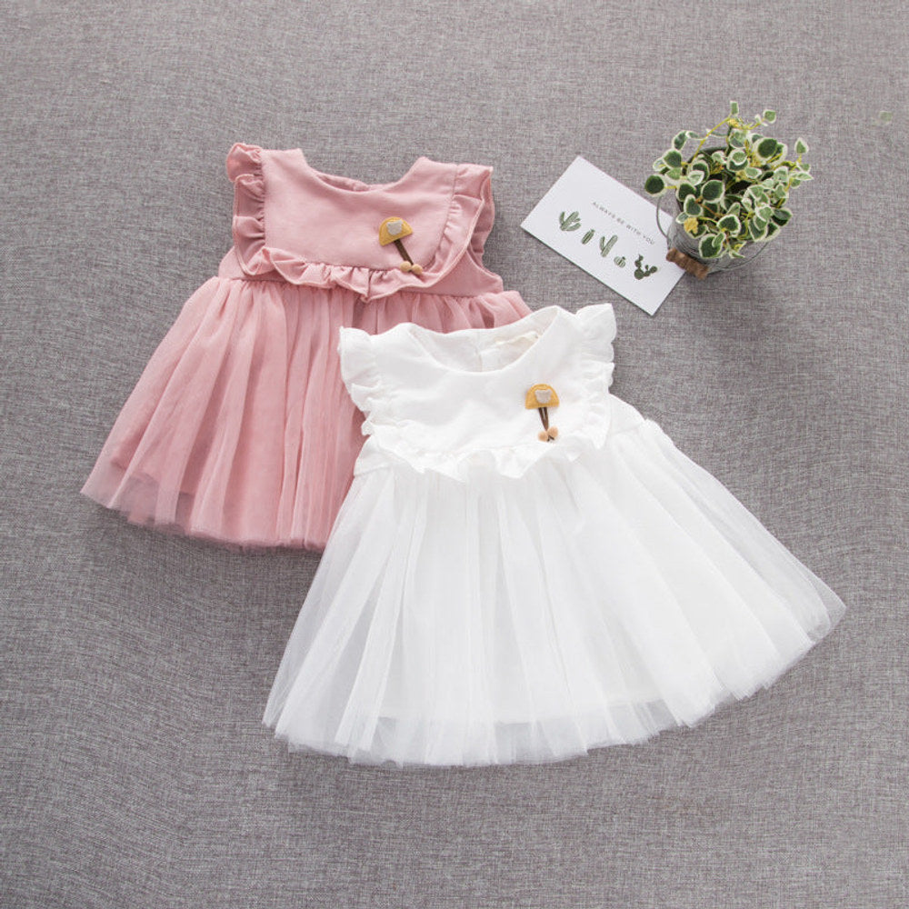 MyKids-USA® Baby Girl Solid Color Mesh Patchwork Design Sleeveless Patched Mesh Dress