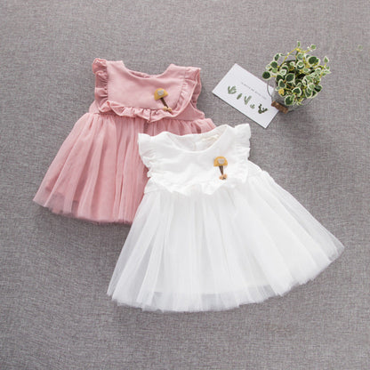 MyKids-USA® Baby Girl Solid Color Mesh Patchwork Design Sleeveless Patched Mesh Dress