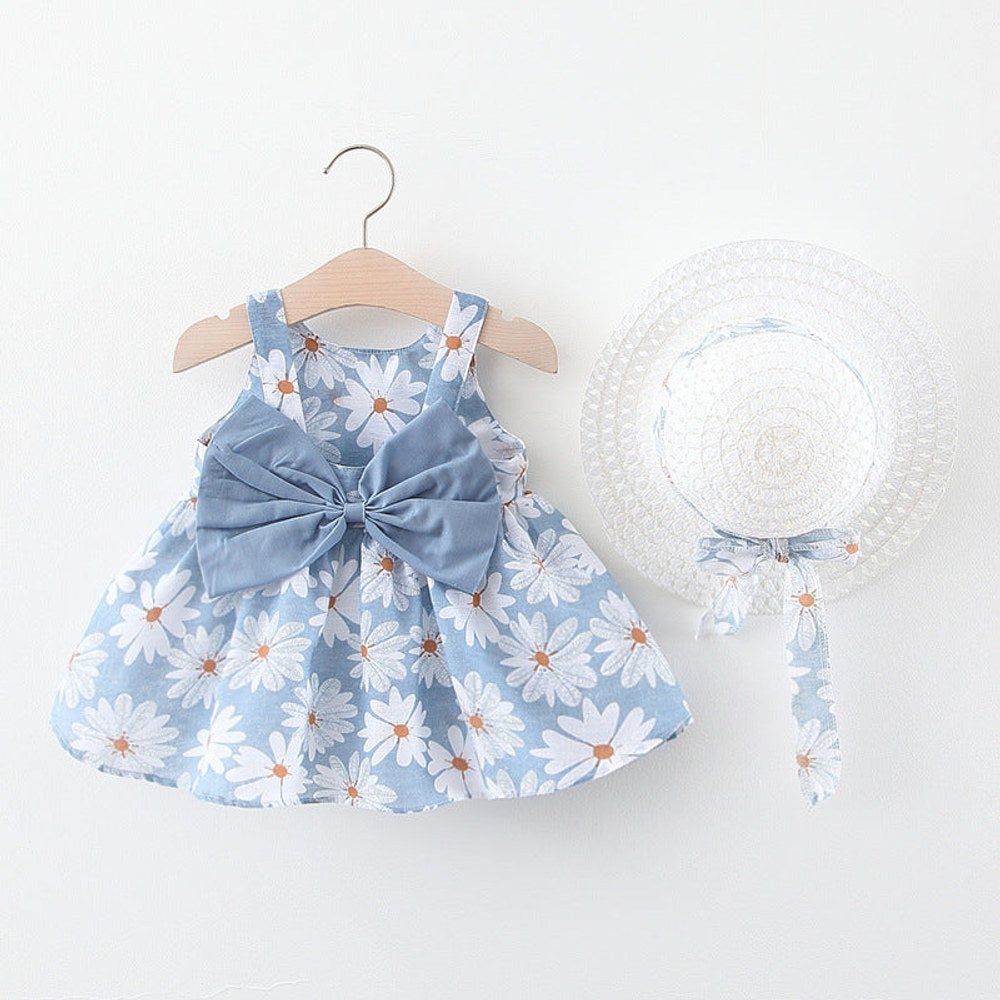 MyKids-USA® Baby Flower Pattern Bow Patched Design Sling Dress In With Hat
