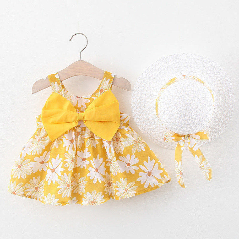 MyKids-USA® Baby Flower Pattern Bow Patched Design Sling Dress In With Hat