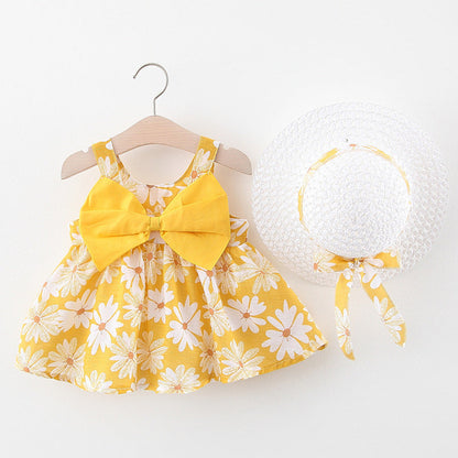 MyKids-USA® Baby Flower Pattern Bow Patched Design Sling Dress In With Hat