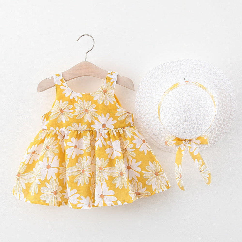 MyKids-USA® Baby Flower Pattern Bow Patched Design Sling Dress In With Hat
