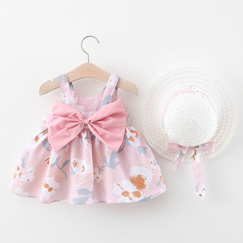 MyKids-USA® Baby Flower Pattern Bow Patched Design Sling Dress In With Hat