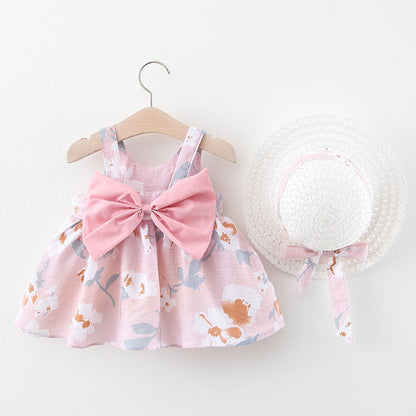 MyKids-USA® Baby Flower Pattern Bow Patched Design Sling Dress In With Hat