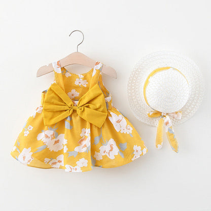 MyKids-USA® Baby Flower Pattern Bow Patched Design Sling Dress In With Hat