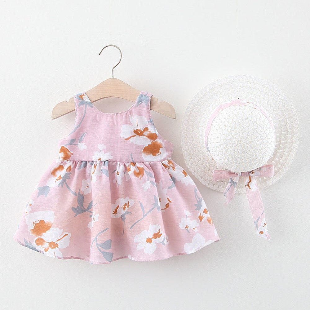 MyKids-USA® Baby Flower Pattern Bow Patched Design Sling Dress In With Hat