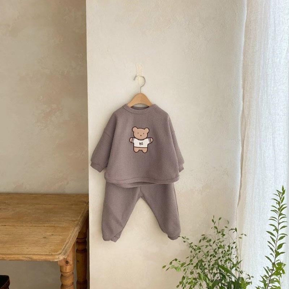 MyKids-USA® Baby Cartoon Bear Embroidered Pattern Waffle Fabric Hoodies Sets