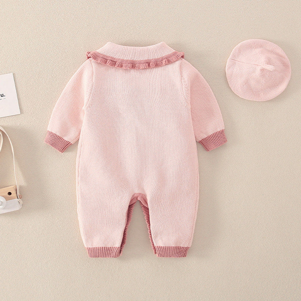 MyKids-USA® Baby Girl Floral Embroidered Pattern Knitted Romper With Hat