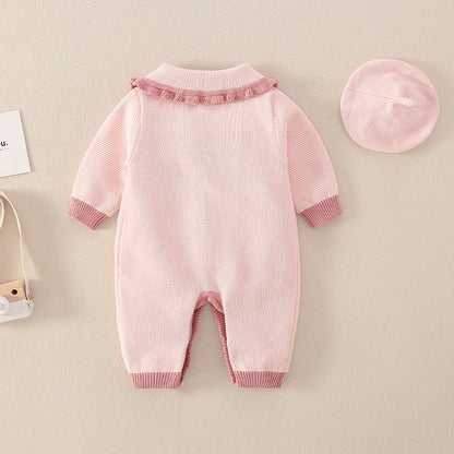 MyKids-USA® Baby Girl Floral Embroidered Pattern Knitted Romper With Hat
