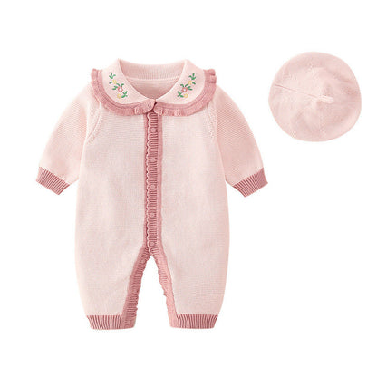 MyKids-USA® Baby Girl Floral Embroidered Pattern Knitted Romper With Hat