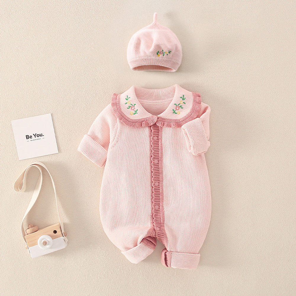 MyKids-USA® Baby Girl Floral Embroidered Pattern Knitted Romper With Hat