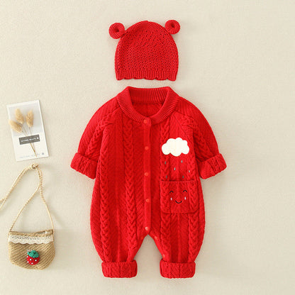 MyKids-USA® Baby Solid Color Cartoon Embroidered Design Crochet Knit Romper