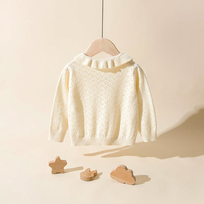 MyKids-USA® Baby Girl Solid Color Hollow Carved Design Cherry Patched Cardigan