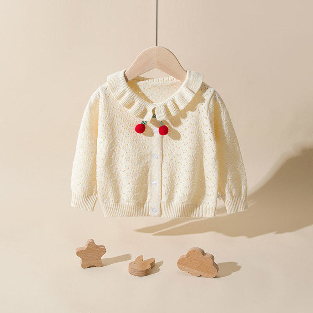 MyKids-USA® Baby Girl Solid Color Hollow Carved Design Cherry Patched Cardigan