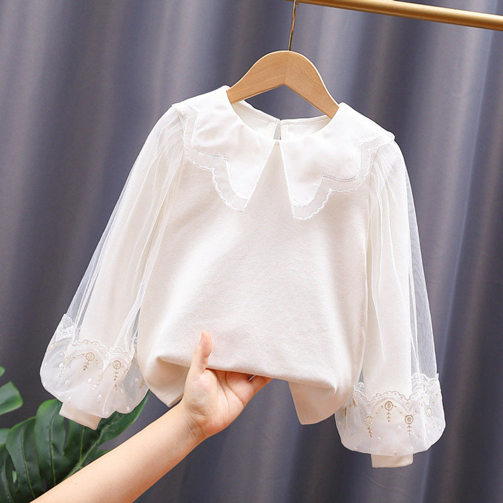 MyKids-USA® Baby Girl Solid Color Sweat Style Mesh Doll Neck Puff Sleeves Blouser