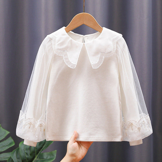 MyKids-USA® Baby Girl Solid Color Sweat Style Mesh Doll Neck Puff Sleeves Blouser