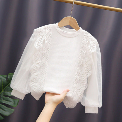 MyKids-USA® Baby Girl Solid Color Mesh Hollow Carved Design Princess Shirt