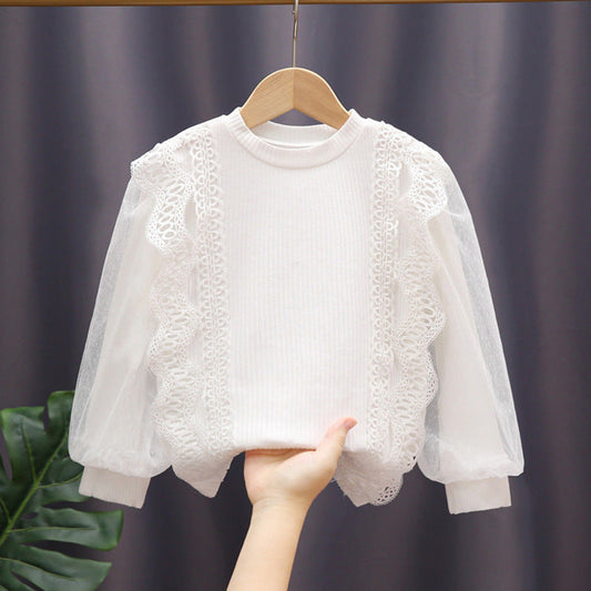 MyKids-USA® Baby Girl Solid Color Mesh Hollow Carved Design Princess Shirt