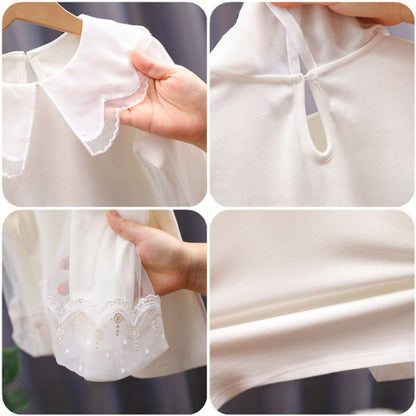 MyKids-USA® Baby Girl Solid Color Sweat Style Mesh Doll Neck Puff Sleeves Blouser