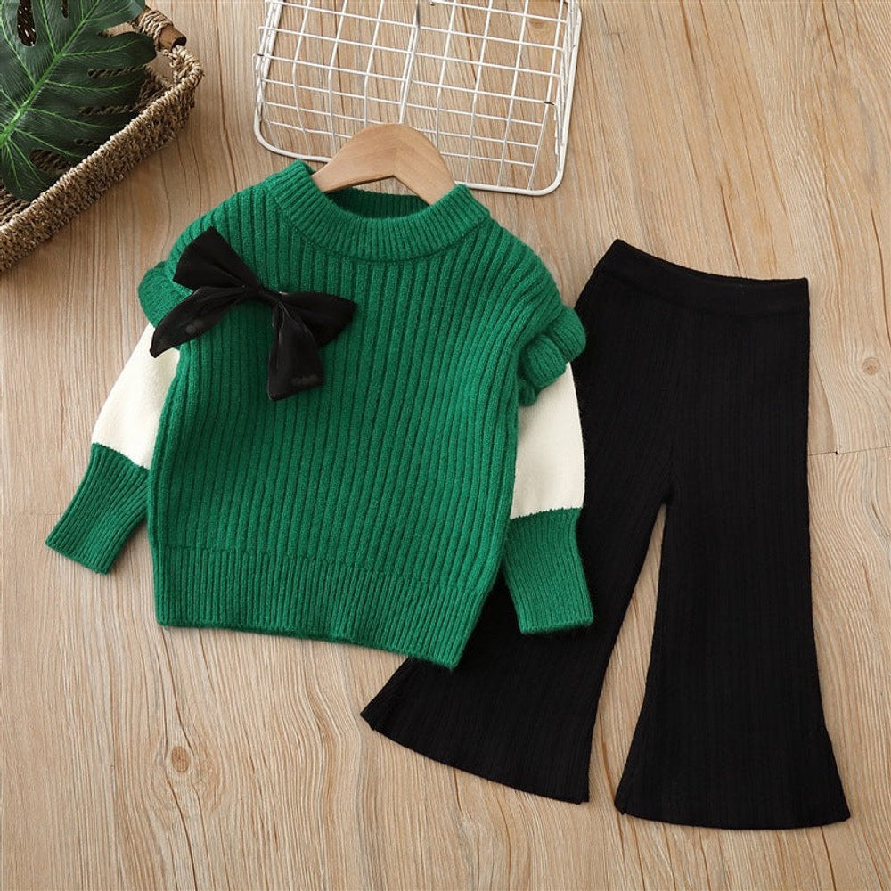 MyKids-USA® Baby Solid Color Bow Patched Sweater With Pants Sets